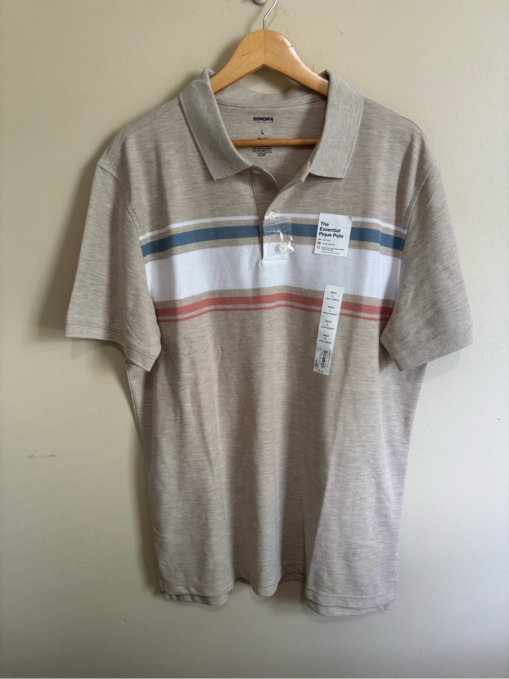 Sonoma Men's Khaki Polo with Blue, White and Rust Stripes